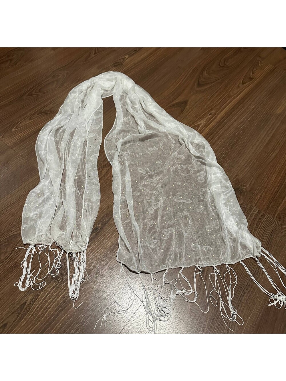 White Sheer Scarf Cherry Butterfly Pattern Sparkle Details Tassel Fairy Y2K